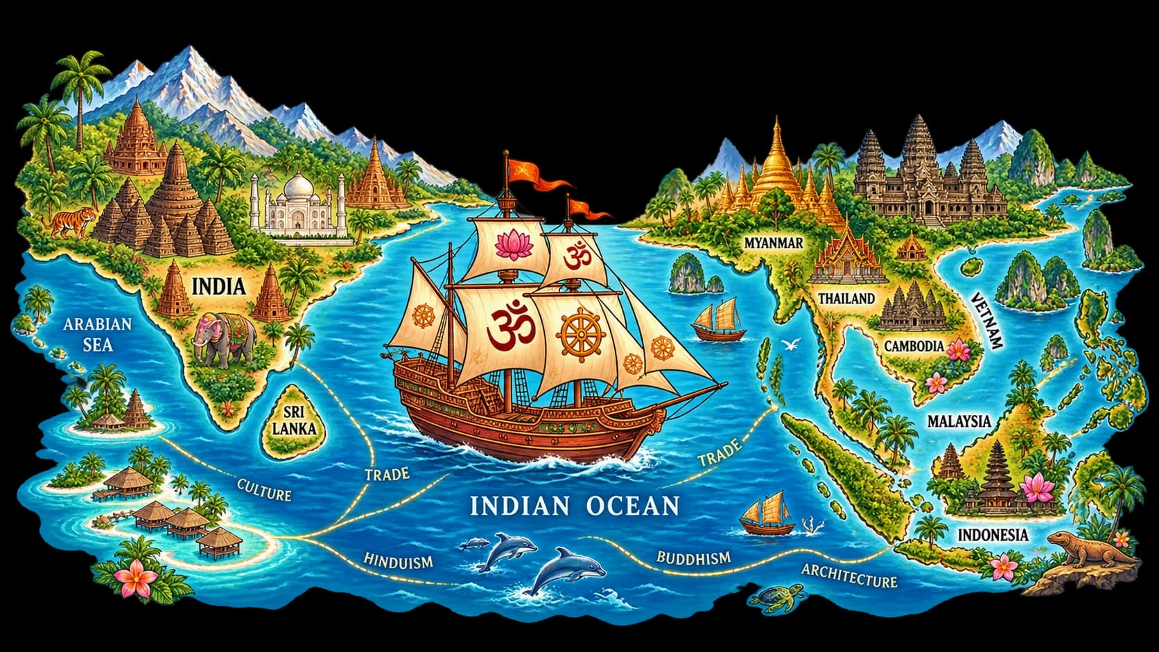 Cartographic map tracing the overland and maritime corridors of Indian cultural influence across South and Southeast Asia
