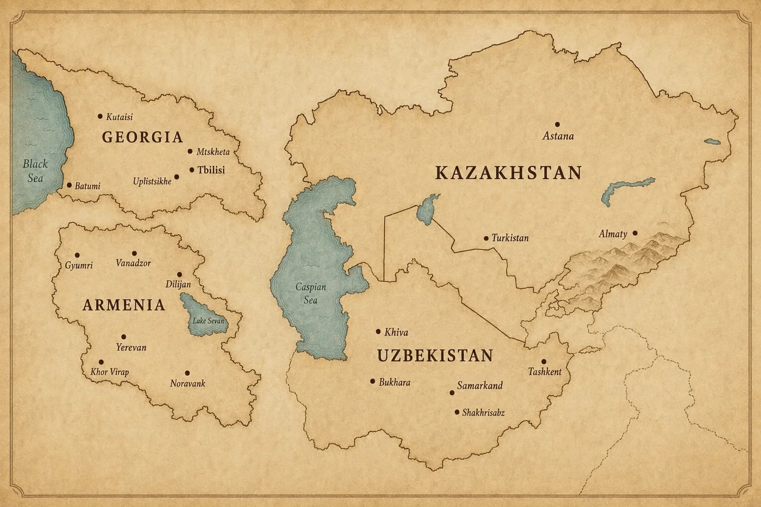 Hand-rendered cartographic map of the Silk Route corridor through Kazakhstan, Uzbekistan, Armenia, and Georgia