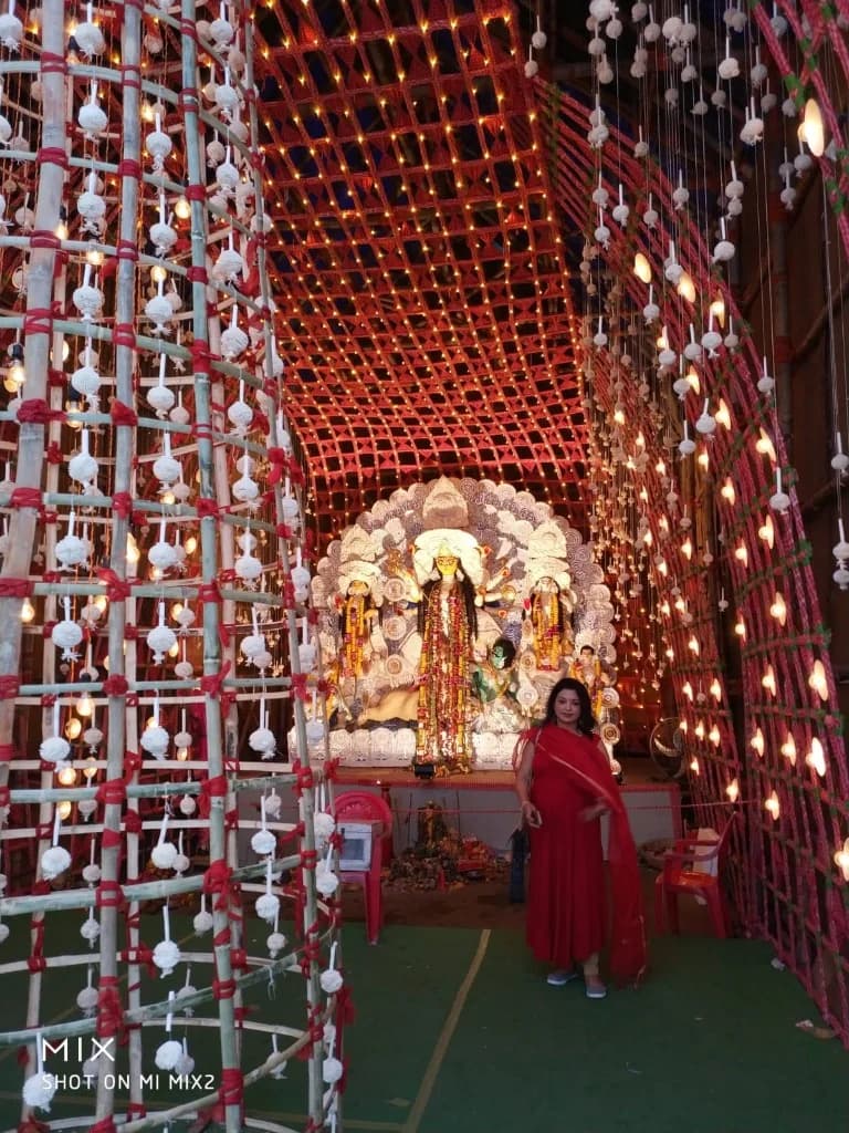 Art from Everyday Objects Bamboo Tunnel with Lights Durga Puja Pandal Kolkata