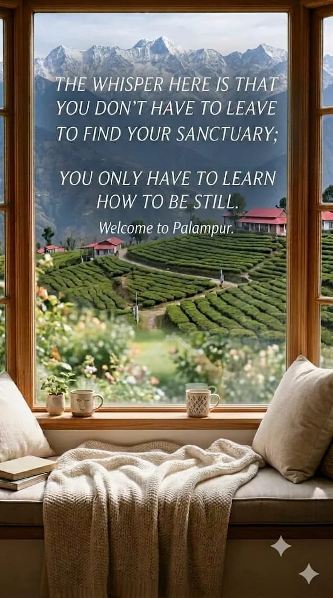 Traveler sitting in a cozy window bay reading a book and looking out at the green tea gardens and snow-covered peaks of Palampur