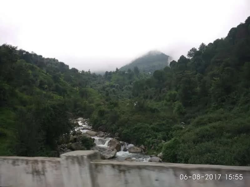 Scenic view of a mountain stream cascading down green forested slopes at Neugal Khad in Palampur