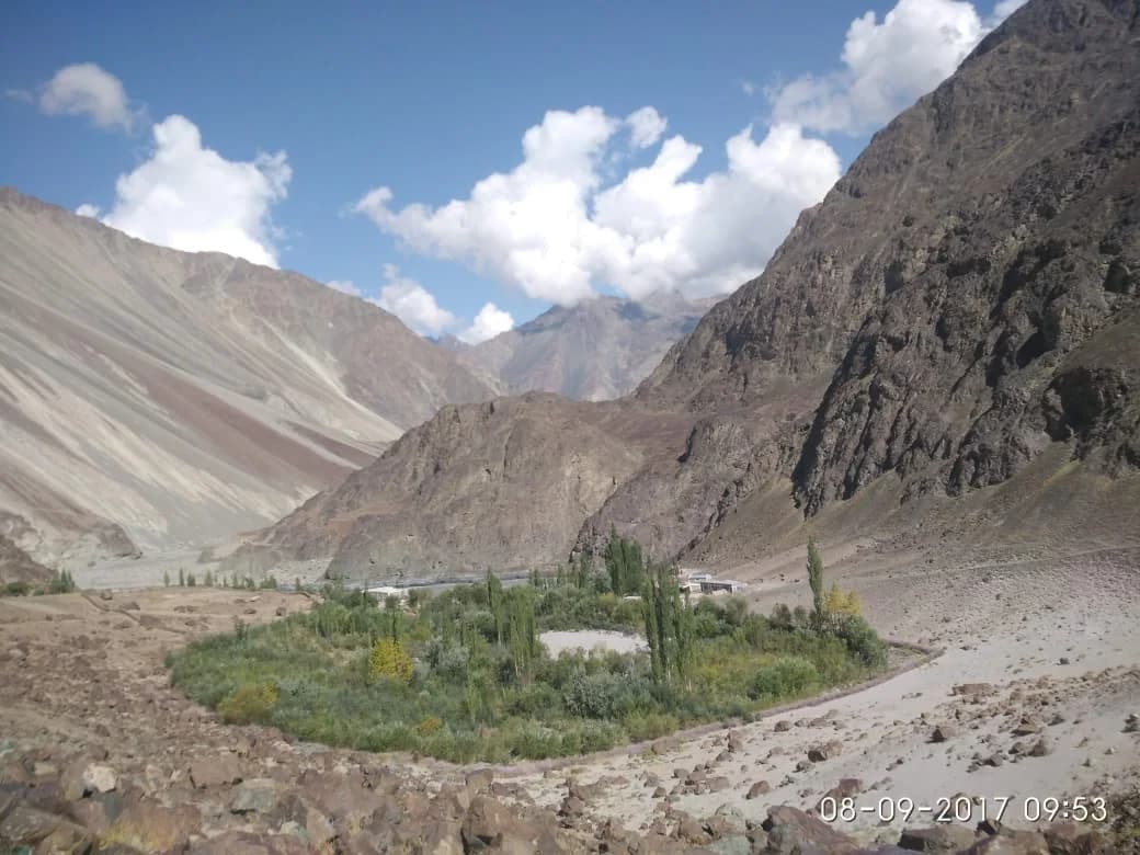 Scenic overview of the green village of Turtuk sitting under the high peaks of Karakoram Range