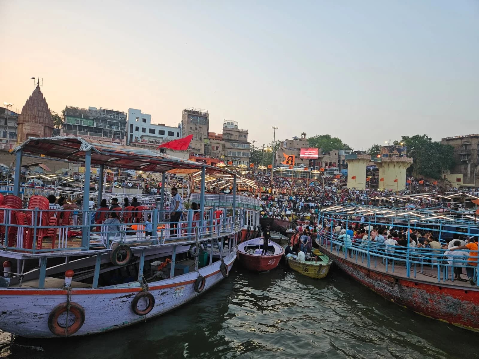 Varanasi temple spires standing proudly against a golden morning sky