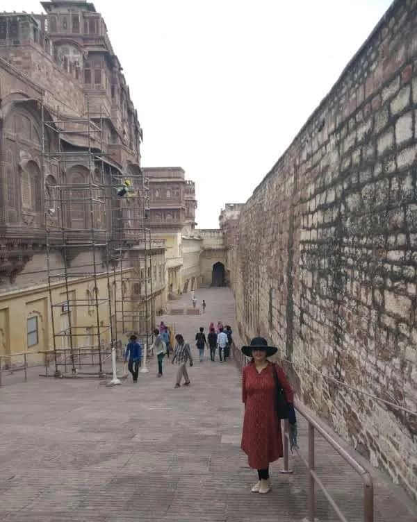 Stone passageway and high defensive walls inside Mehrangarh Fort in Jodhpur