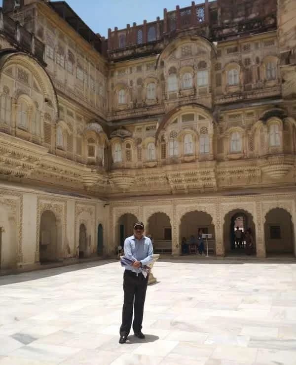 Ornate sandstone palace courtyard inside Mehrangarh Fort in Jodhpur
