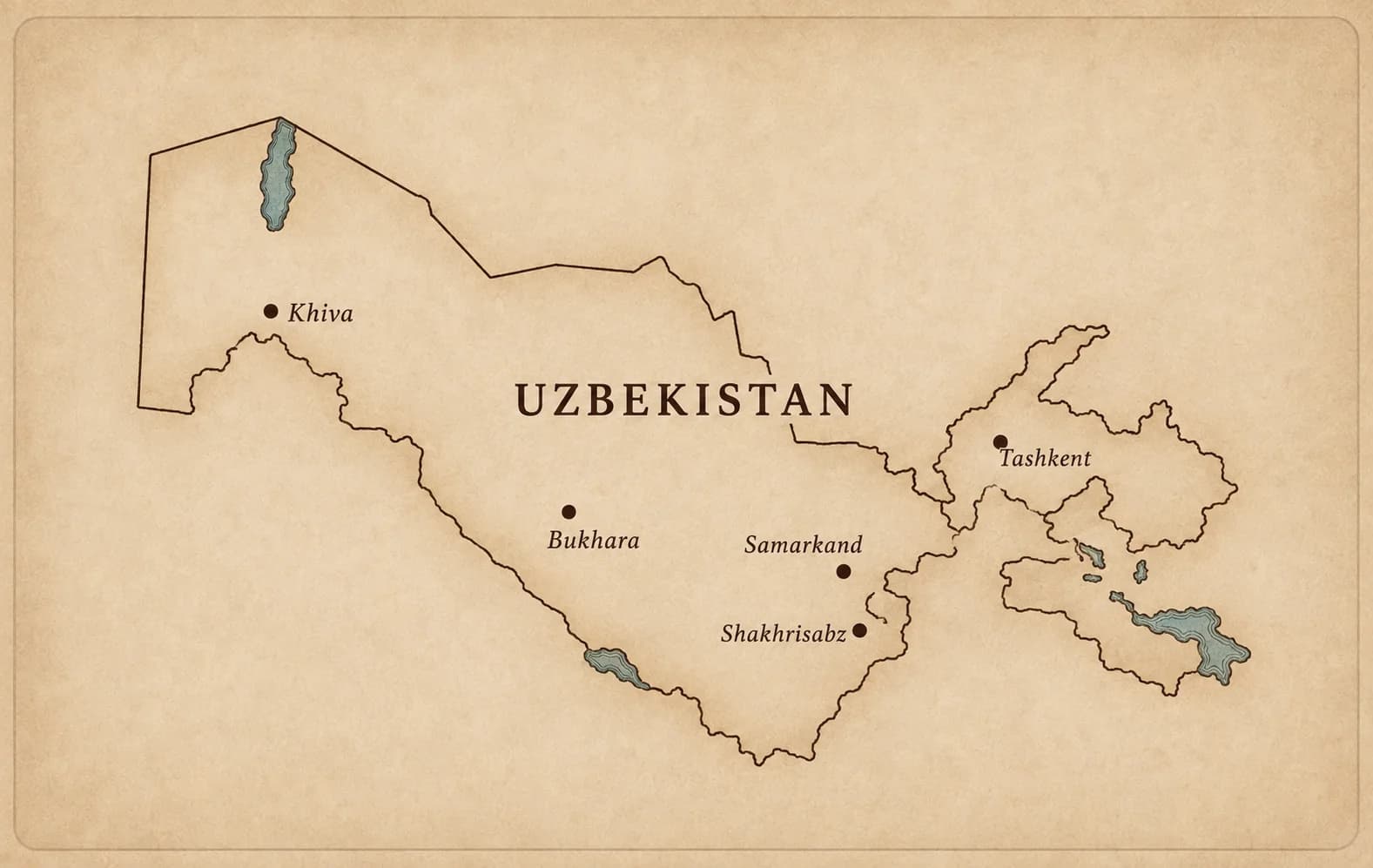 Uzbekistan detail map with destination markers
