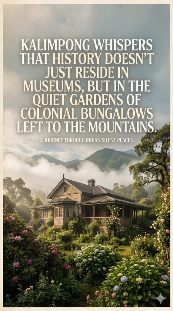 A quote overlay on a misty mountain bungalow reading: Kalimpong whispers that history doesn't just reside in museums, but in the quiet gardens of colonial bungalows left to the mountains.
