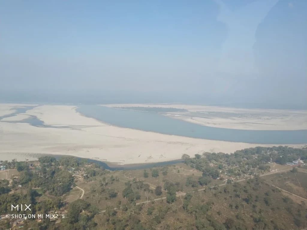 Aerial view of Brahmaputra River and landscape of Upper Assam