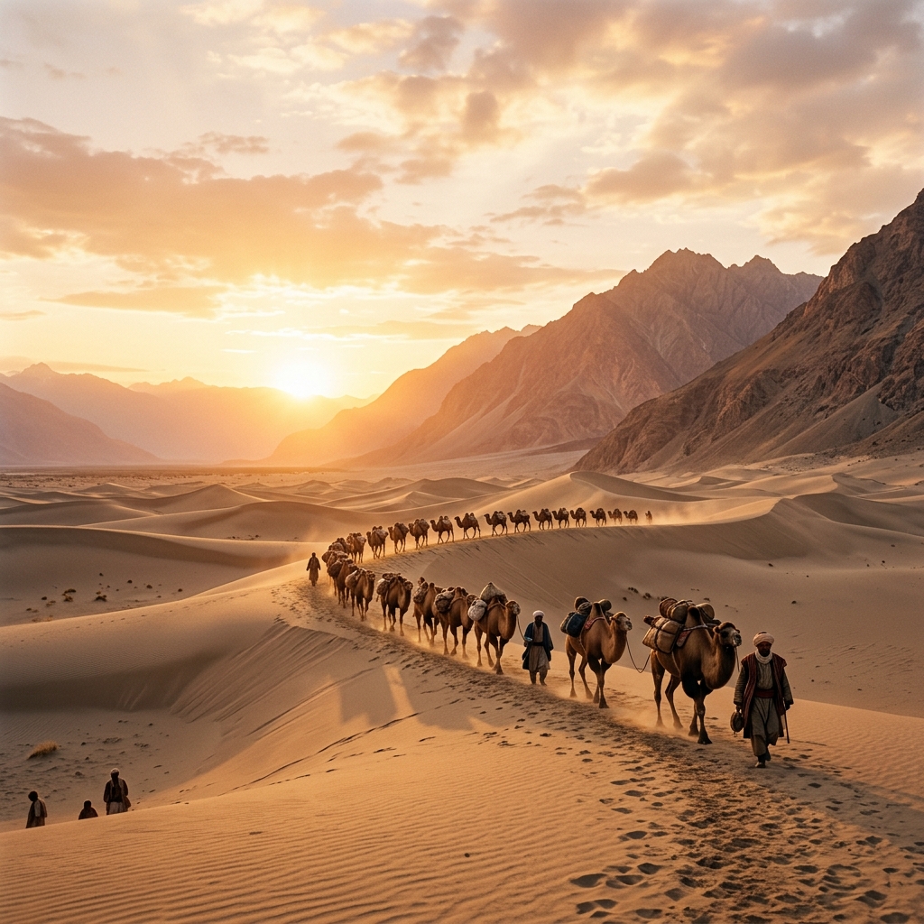 An artistic depiction of a caravan traversing the sand dunes of the Great Silk Road under a golden sky