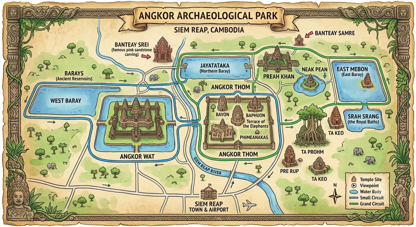 Illustrative map of Angkor Archaeological Park in Siem Reap, Cambodia