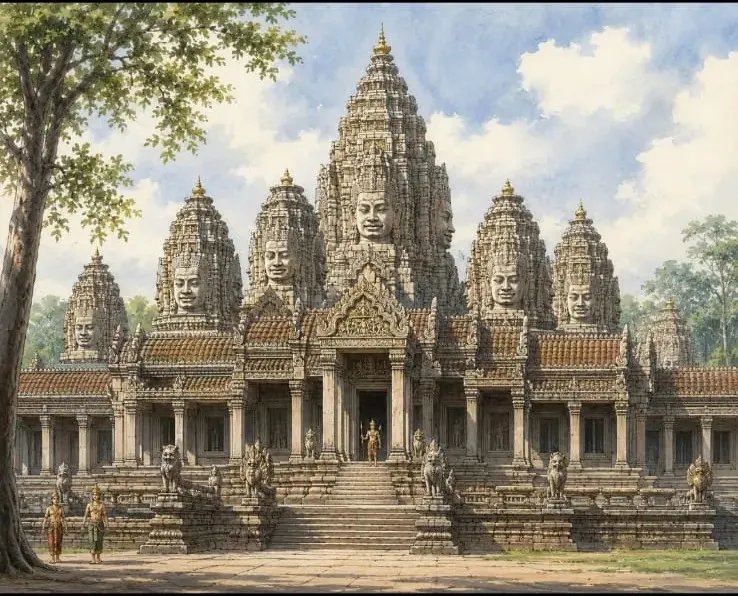 Artwork and illustration of the Bayon temple