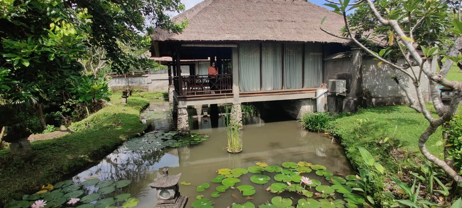 Traveler on verandah of thatched Balinese village resort cottage on stilts over water lily pond and tropical gardens