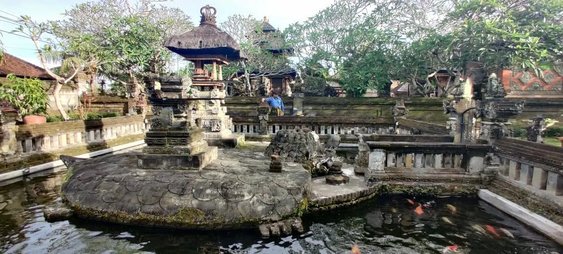 Traveler standing beside the Bedawang Nala cosmic turtle stone moat pond with swimming koi fish at Batuan Temple