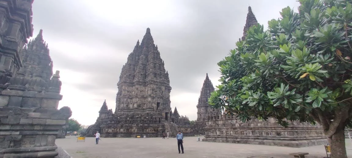 The majestic Prambanan compound rising from the Javanese plain with lone spire