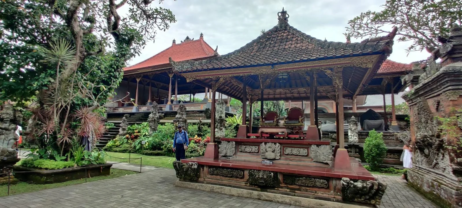 Panoramic view across the royal courtyards of Puri Saren Agung in central Ubud