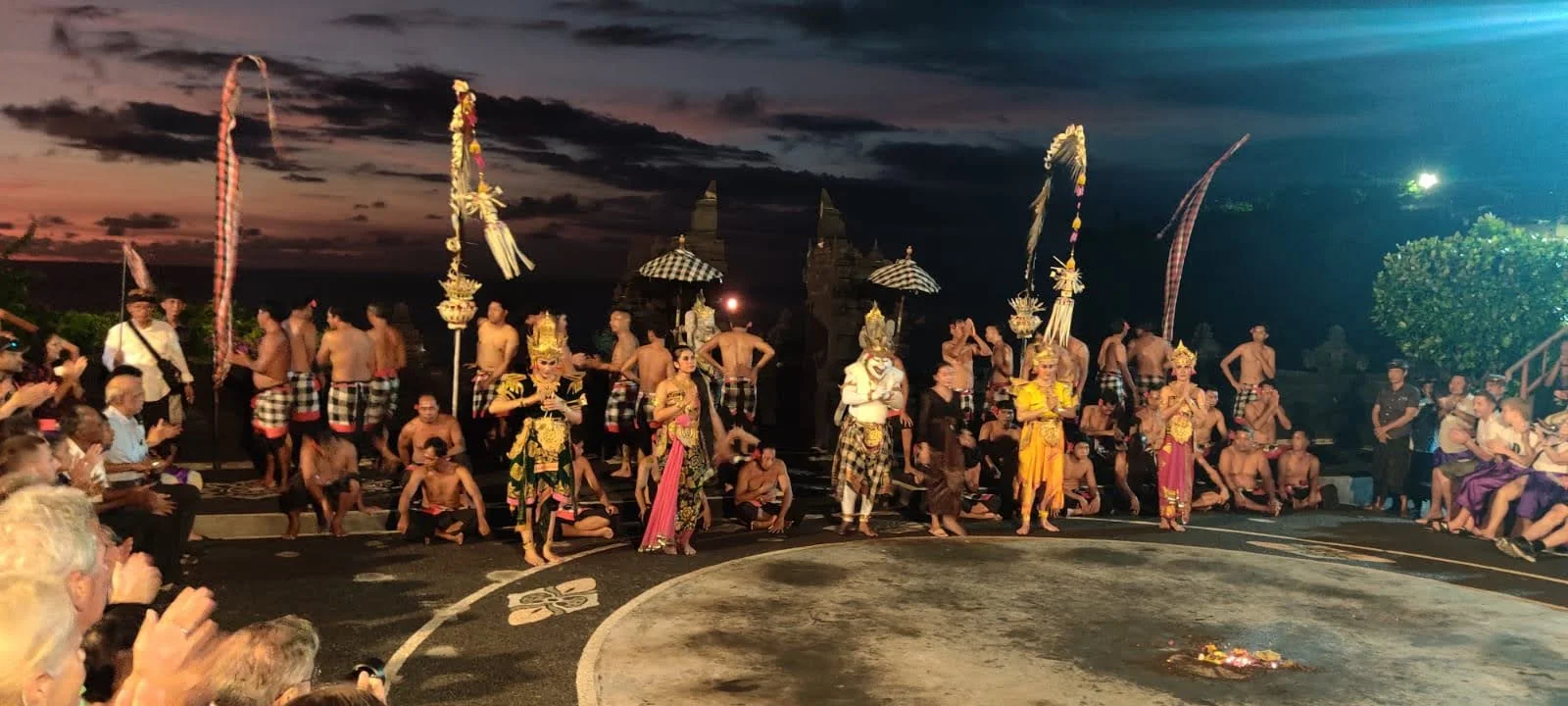 The full cast of the Ramayana performance assembled at the close of the evening show at Uluwatu