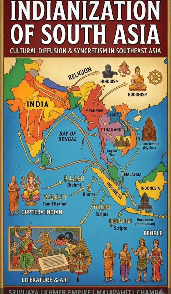 Historical map detailing maritime trade and cultural diffusion routes from ancient India across Southeast Asia to Indochina and the Mekong Basin