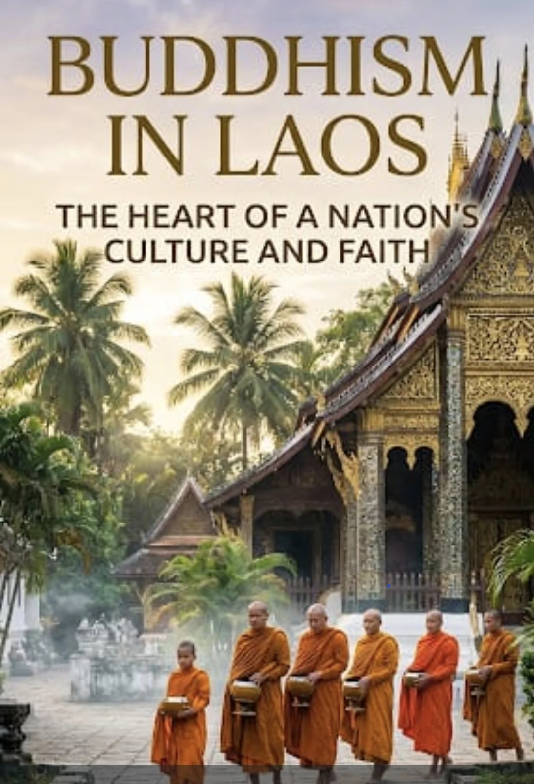 Buddhism in Laos editorial poster depicting Buddhist monks in saffron robes standing before the sweeping curved roof of Wat Xieng Thong in Luang Prabang
