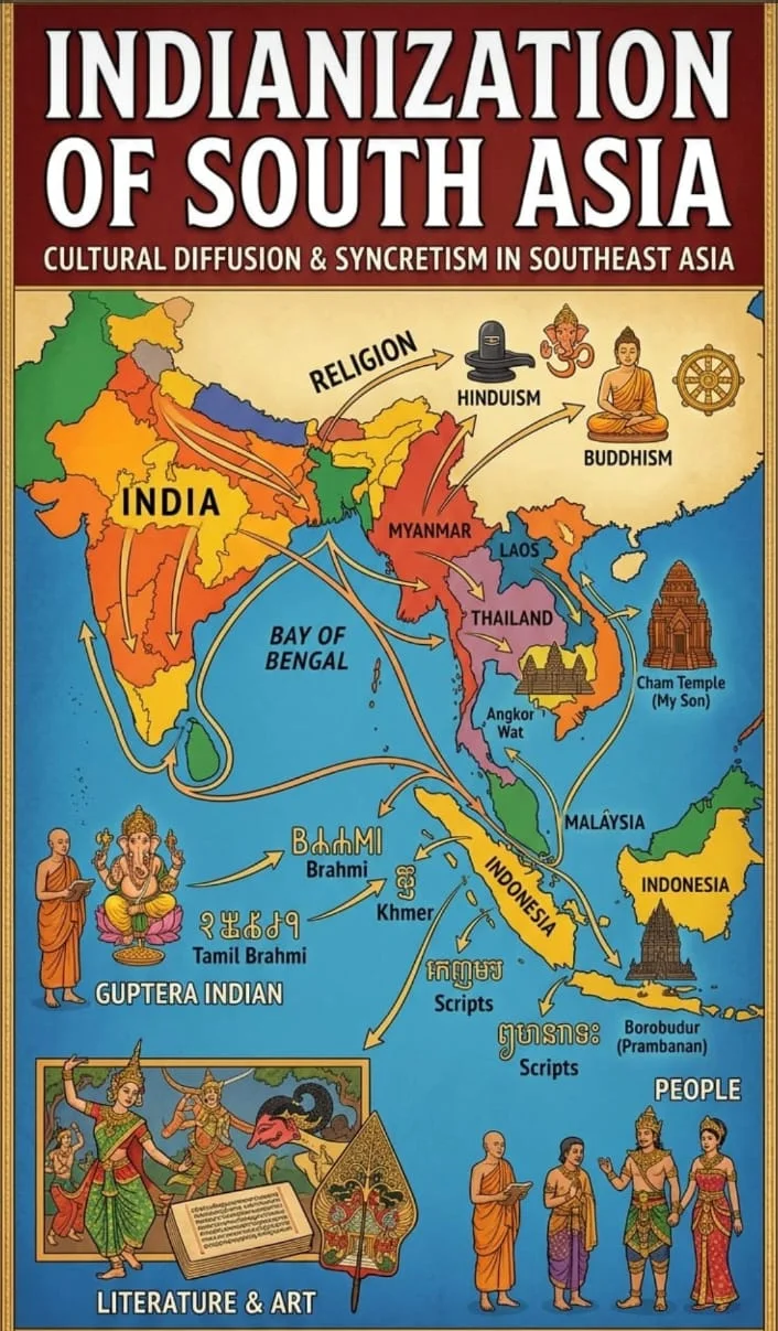 Illustrated map of the Indianization of South and Southeast Asia depicting religious diffusion of Hinduism and Buddhism, Brahmi and Khmer scripts, Ramayana literature, and maritime trade routes across the Bay of Bengal