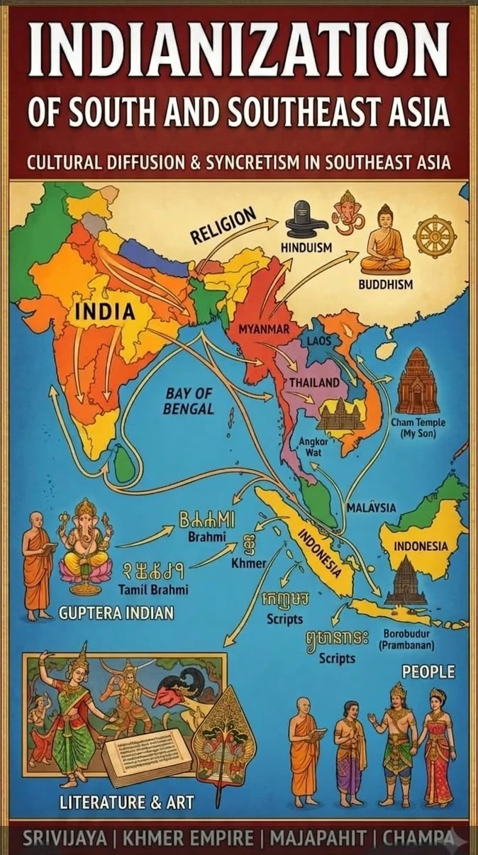 Historical cartographic diagram illustrating Indianization trade routes and cultural diffusion across the Bay of Bengal into Borneo and Southeast Asia