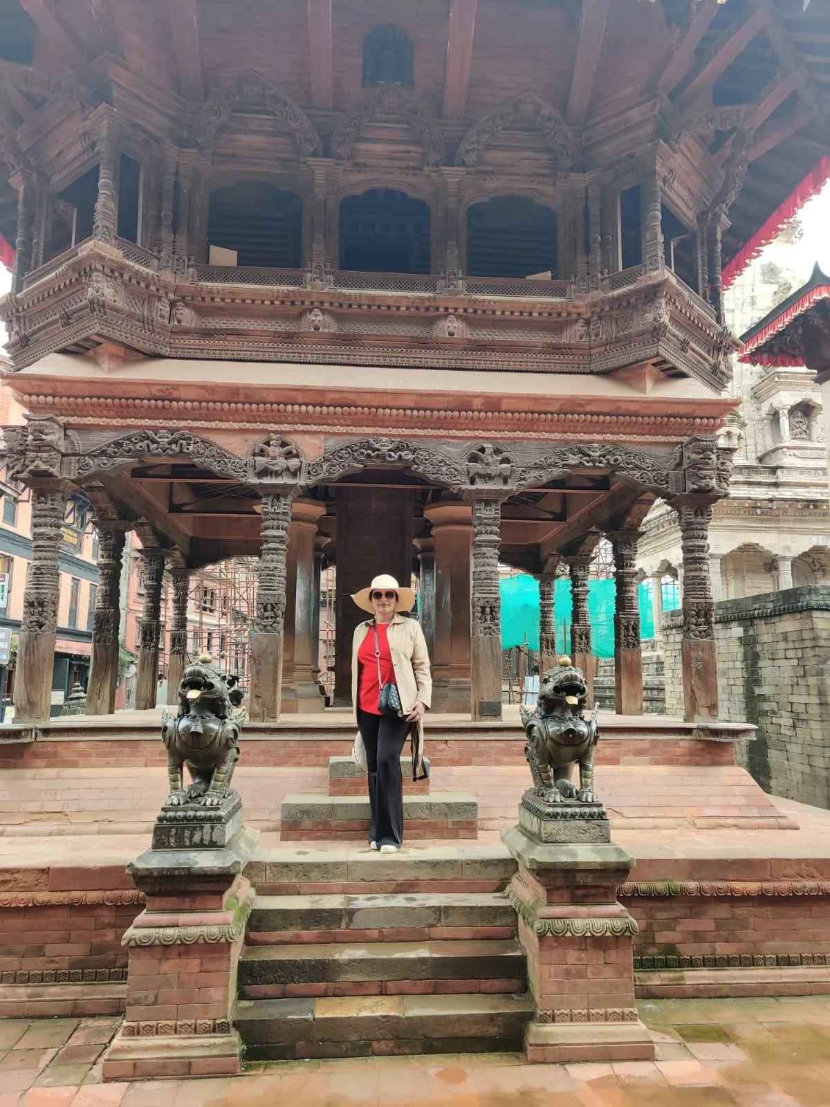 Carved wooden pillars and guardian lions of Chyasin Dega