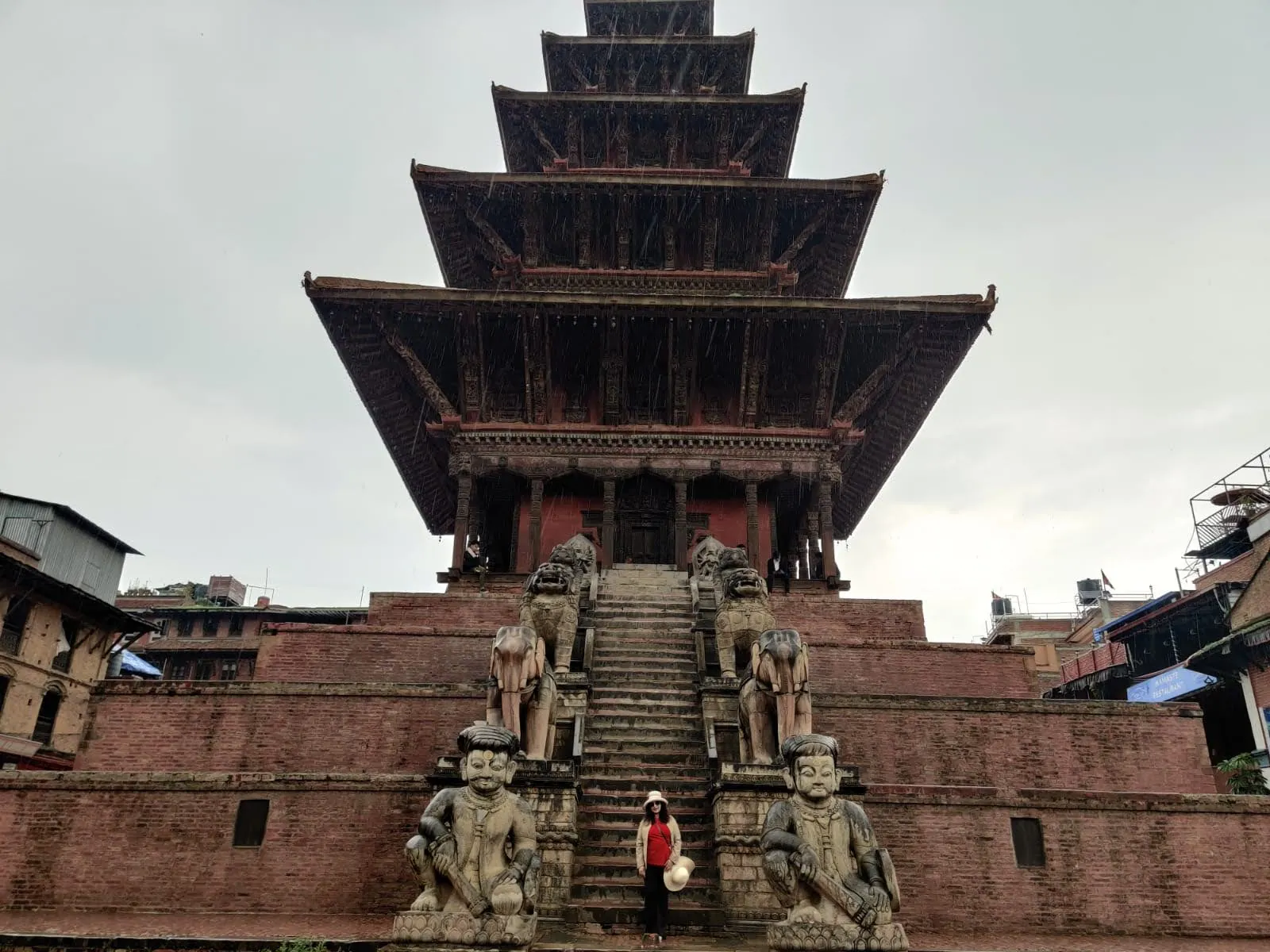 The five guardian tiers protecting the stairway of Nyatapola Temple