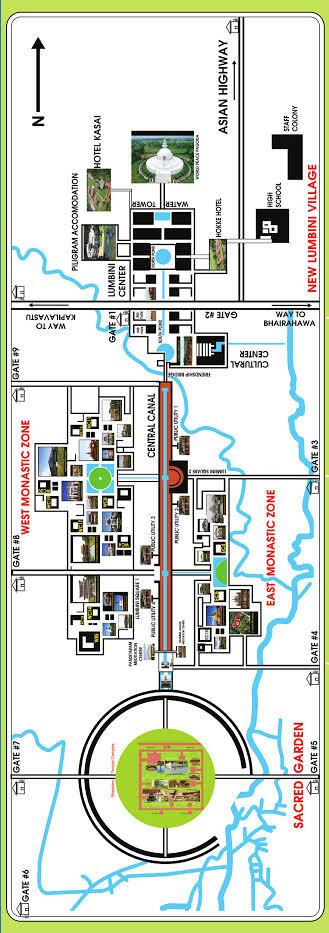 Illustrated Master Plan Map of the Lumbini Complex showing the Sacred Garden, central canal, and East and West Monastic Zones