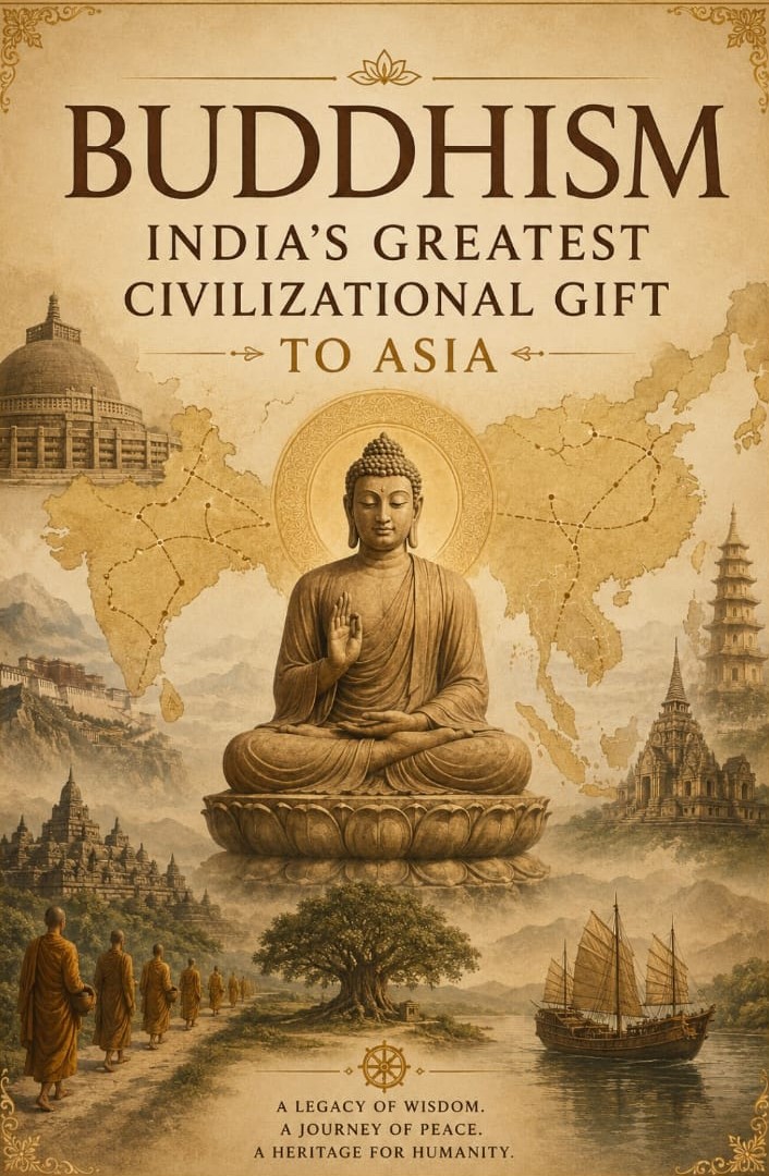 Buddhism: India's Greatest Civilizational Gift to Asia poster artwork depicting spiritual diffusion across Asia