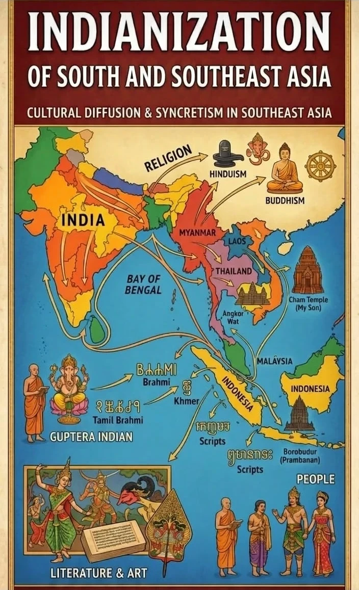 Illustrated historical map of Indianization of South and Southeast Asia depicting cultural diffusion, Brahmi scripts, epics, and religious exchange