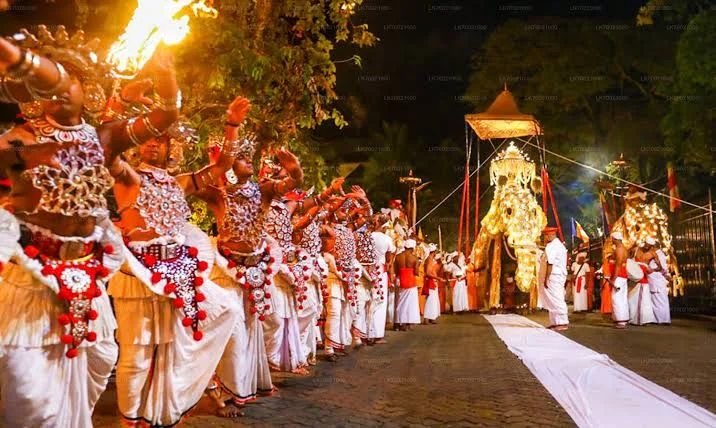 Ves dancers in ornate traditional regalia dancing with flaming torches alongside the grand illuminated tusker carrying the sacred casket on white cloth