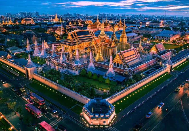 Aerial panoramic view of the Grand Palace and Wat Phra Kaew in Bangkok
