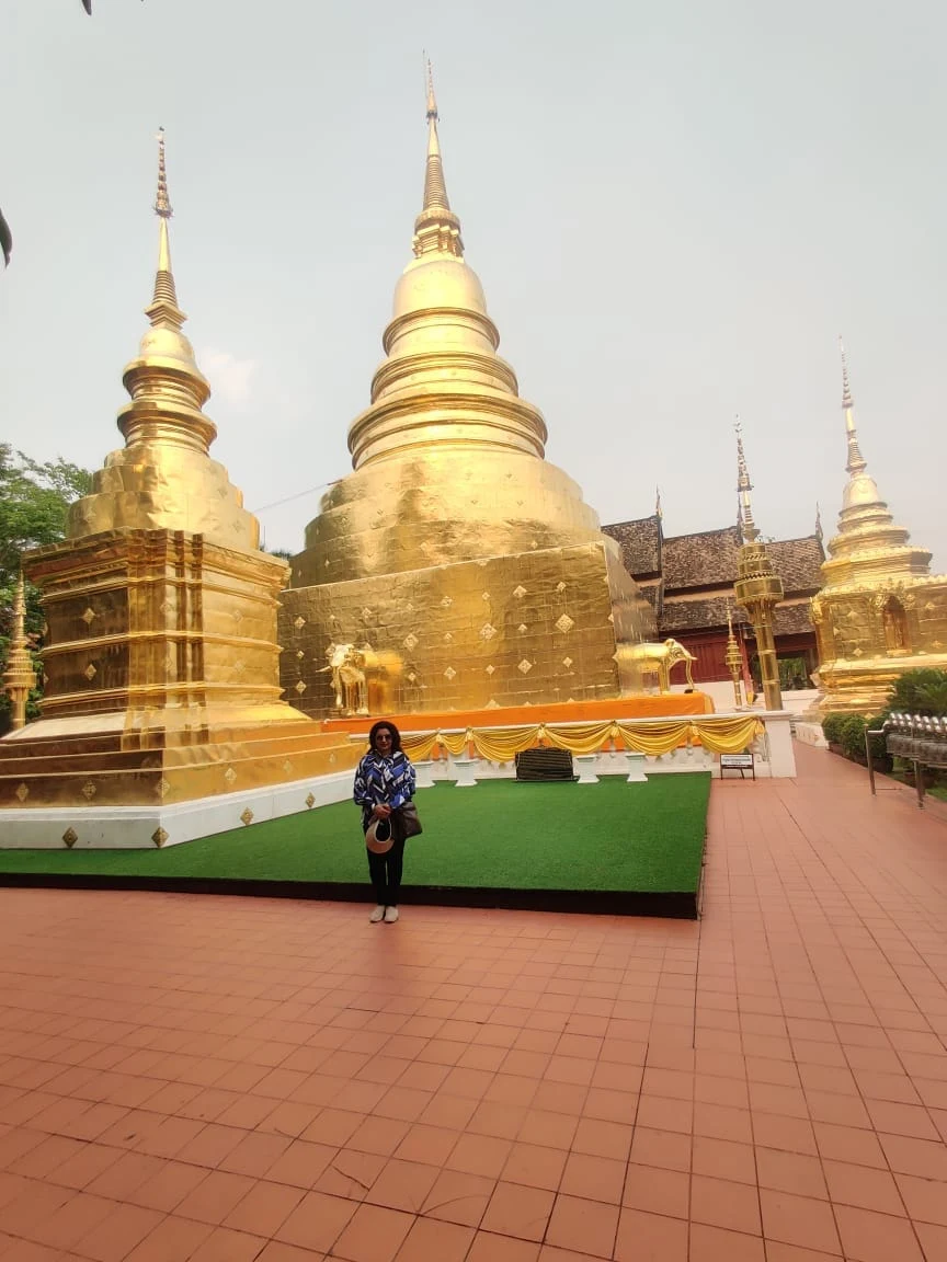Standing beside the elephant-supported golden stupas in the sunlight courtyard