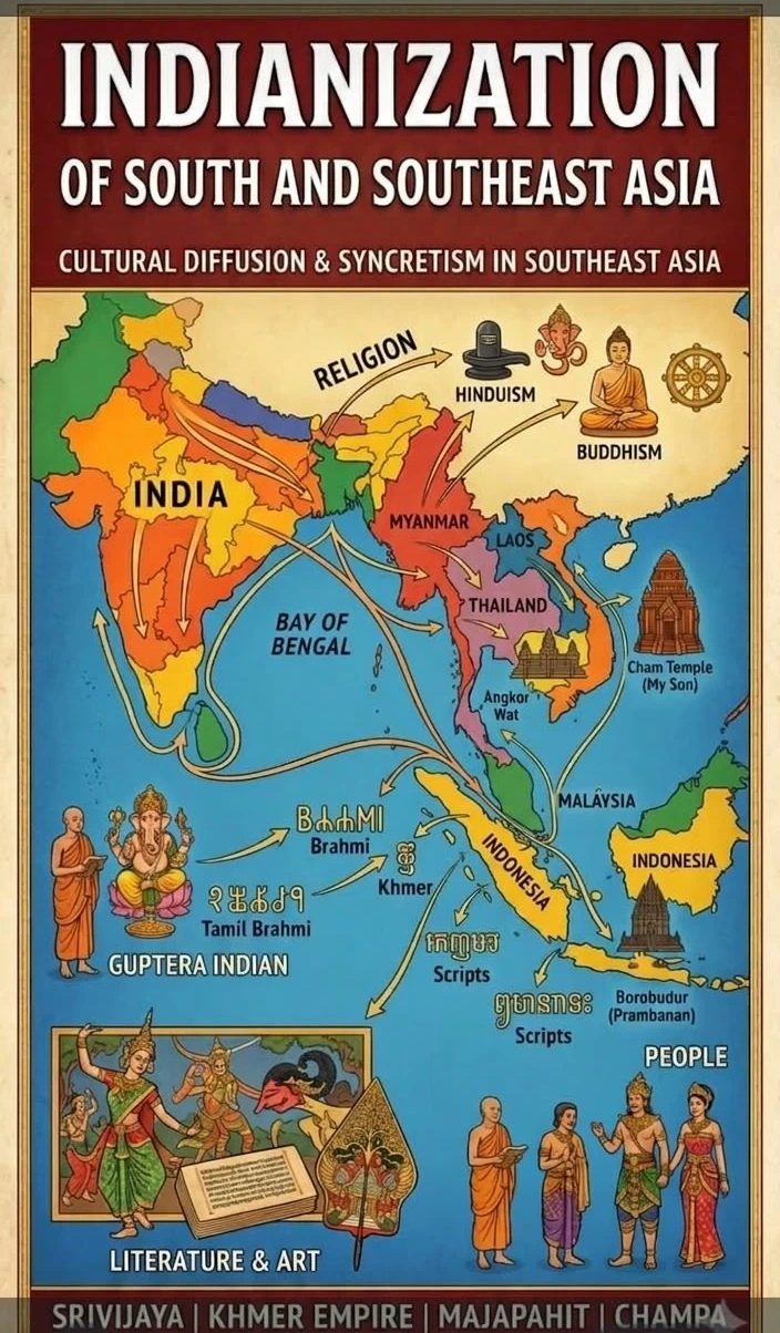Historical map showing maritime and overland routes of Buddhism from India to Southeast Asia