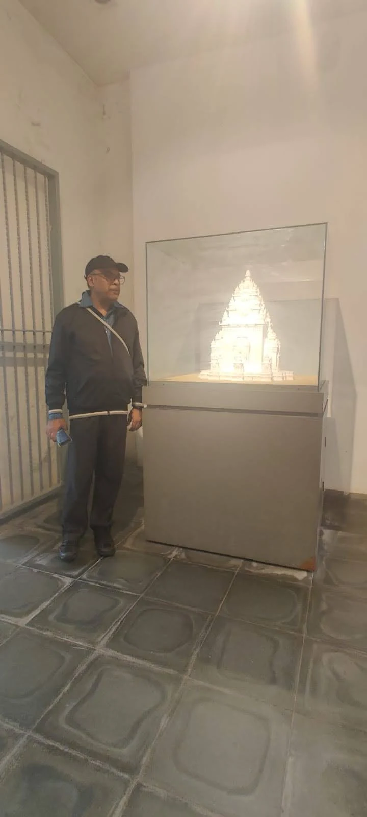 Traveler observing an illuminated sacred relic in the Cham Museum gallery