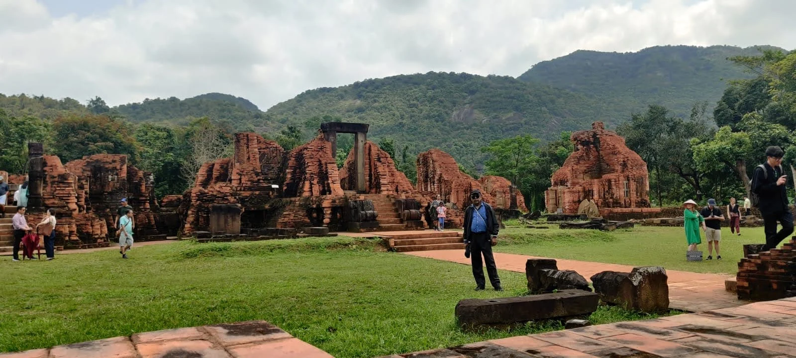 Panoramic view of My Son Sanctuary nestled in the lush mountain valley of central Vietnam