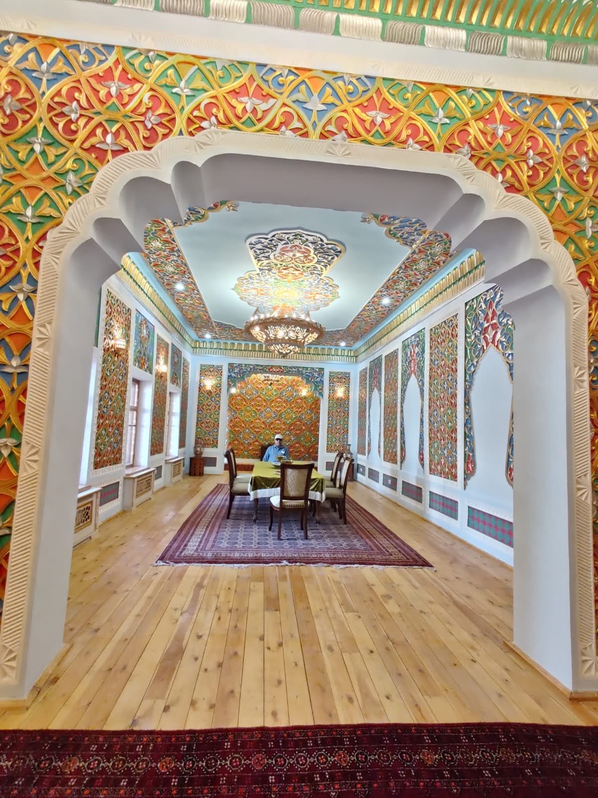 Exquisitely decorated interior royal hall in Khiva palace