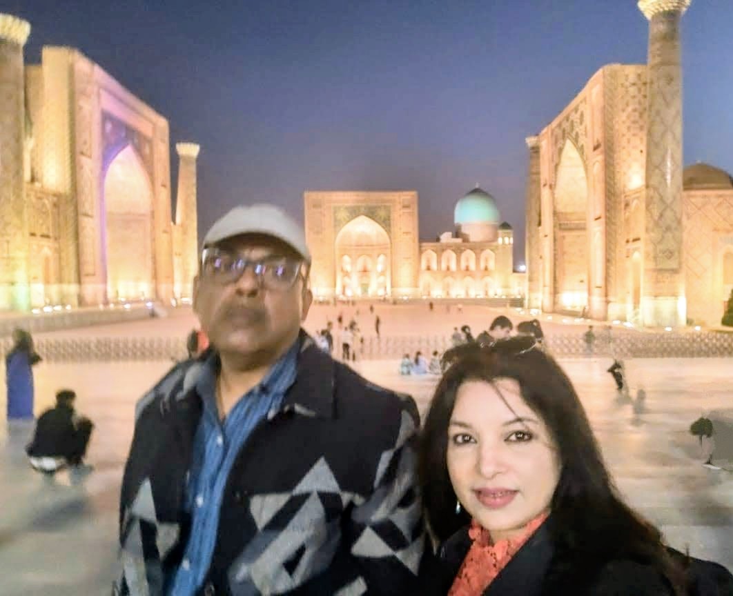 Ornate blue mosaic tiles on the walls of Registan madrasah
