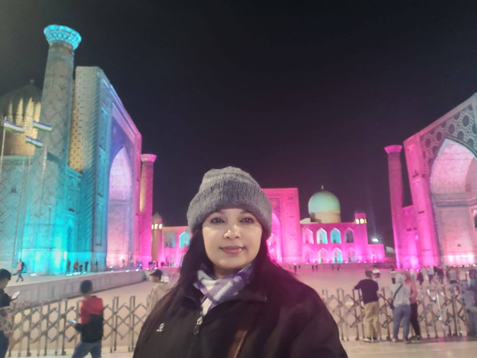 Registan Square beautifully illuminated at night