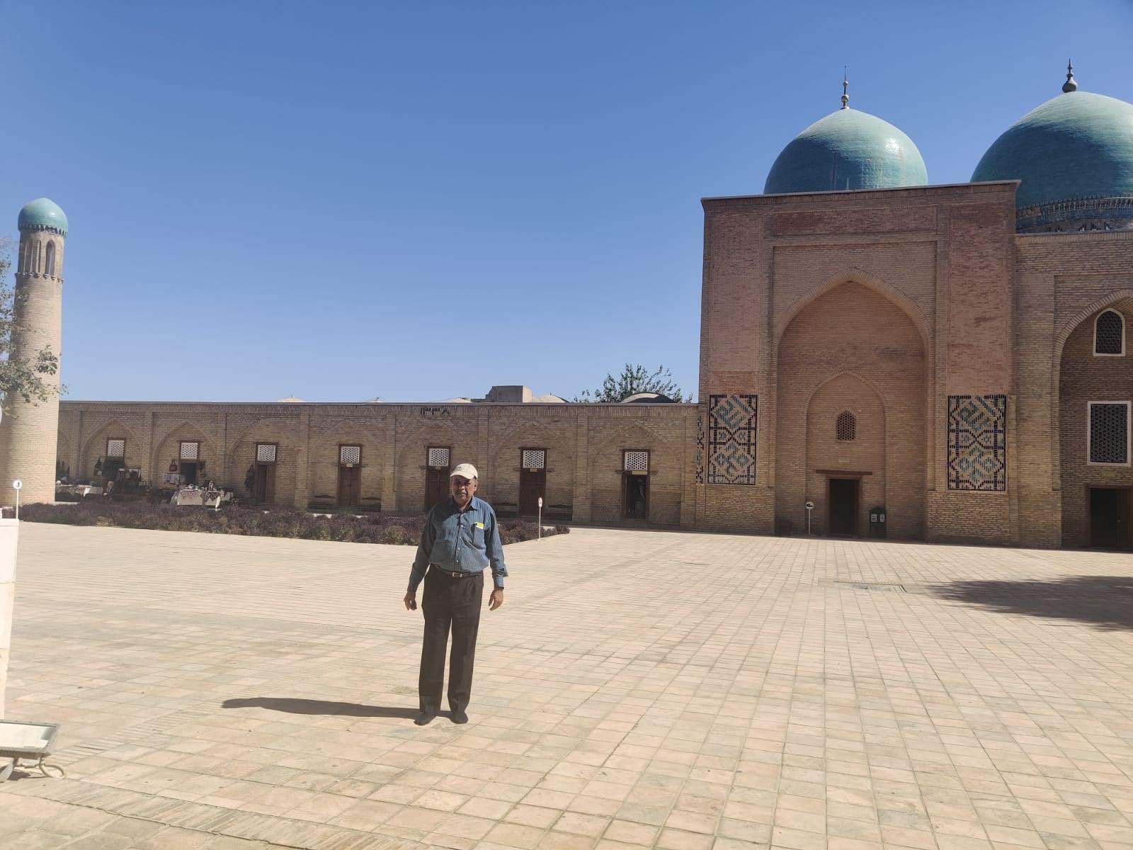 The prominent turquoise dome of Kok Gumbaz Mosque in Shakhrisabz