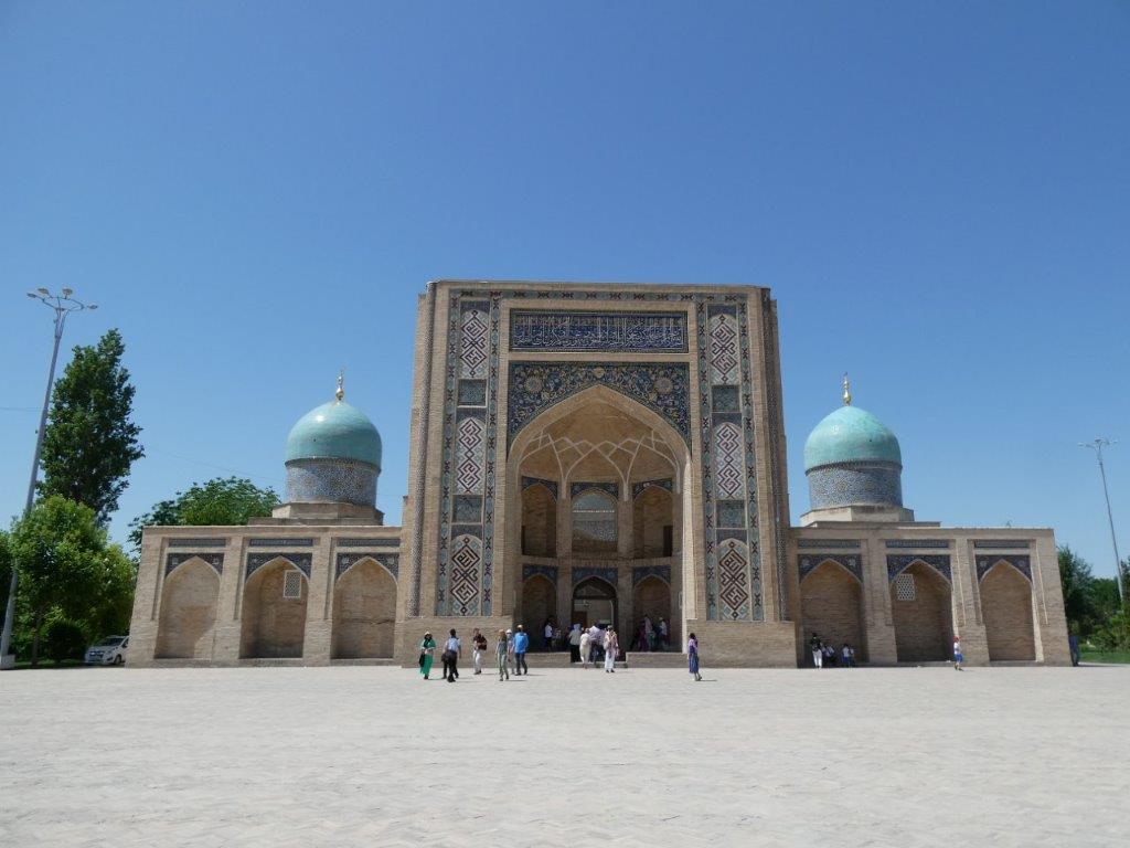 Exterior facade and portal of Barak Khan Madrasah in Tashkent