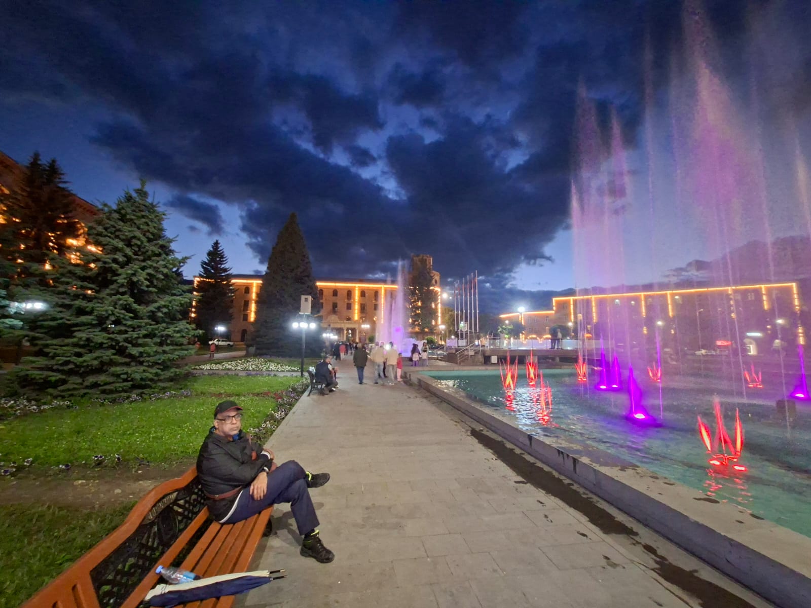 Scenic dusk panorama showing Vanadzor city lights glowing