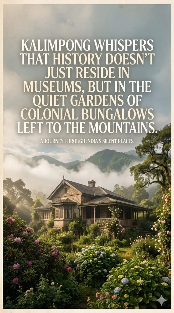 A quote overlay on a misty mountain bungalow reading: Kalimpong whispers that history doesn't just reside in museums, but in the quiet gardens of colonial bungalows left to the mountains.