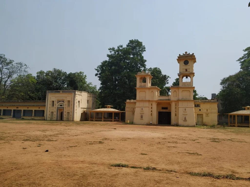 Singha Sadan historic landmark with clock tower and bell tower at Visva-Bharati University