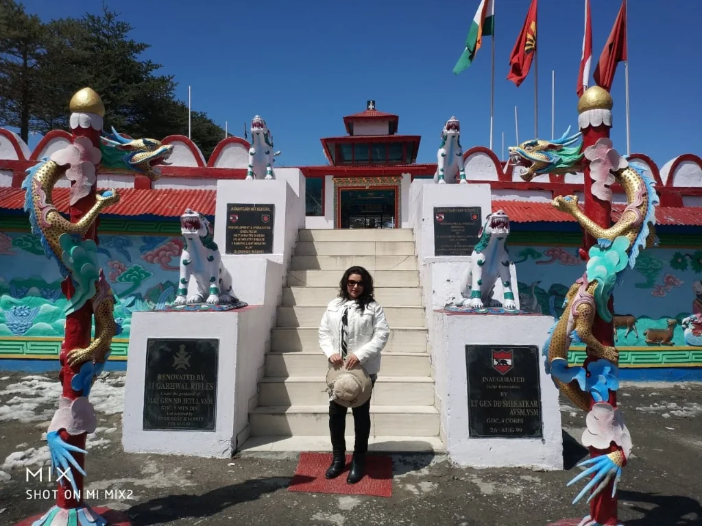 Jaswant Garh War Memorial entrance staircase with 4 Garhwal Rifles plaques and dragon pillars