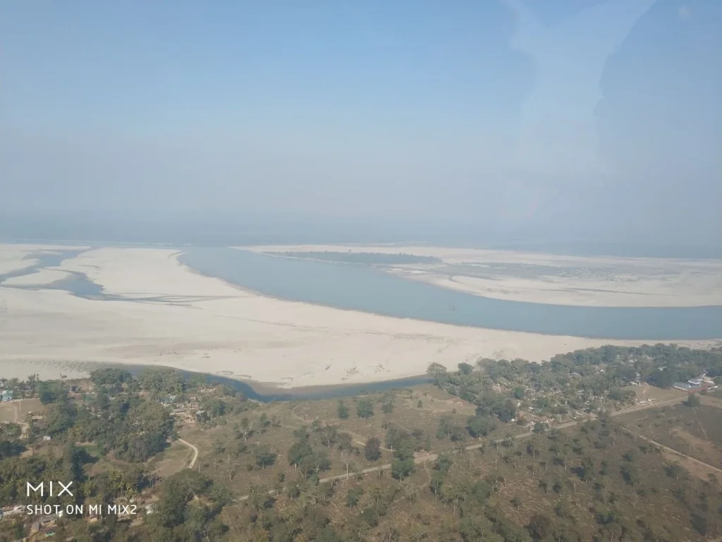Aerial view of Brahmaputra River and landscape of Upper Assam