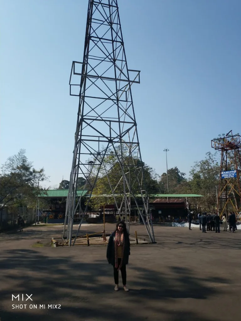 Giant steel oil derrick tower structure at Digboi Oil Museum