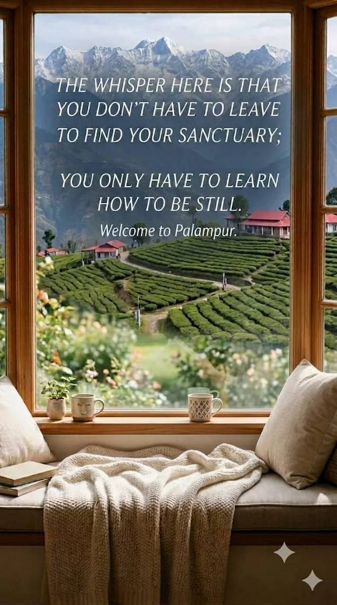 Traveler sitting in a cozy window bay reading a book and looking out at the green tea gardens and snow-covered peaks of Palampur
