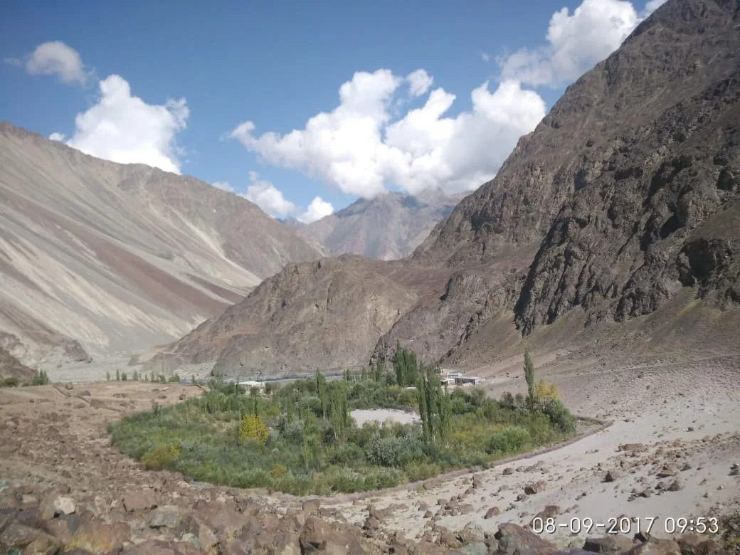 Scenic overview of the green village of Turtuk sitting under the high peaks of Karakoram Range
