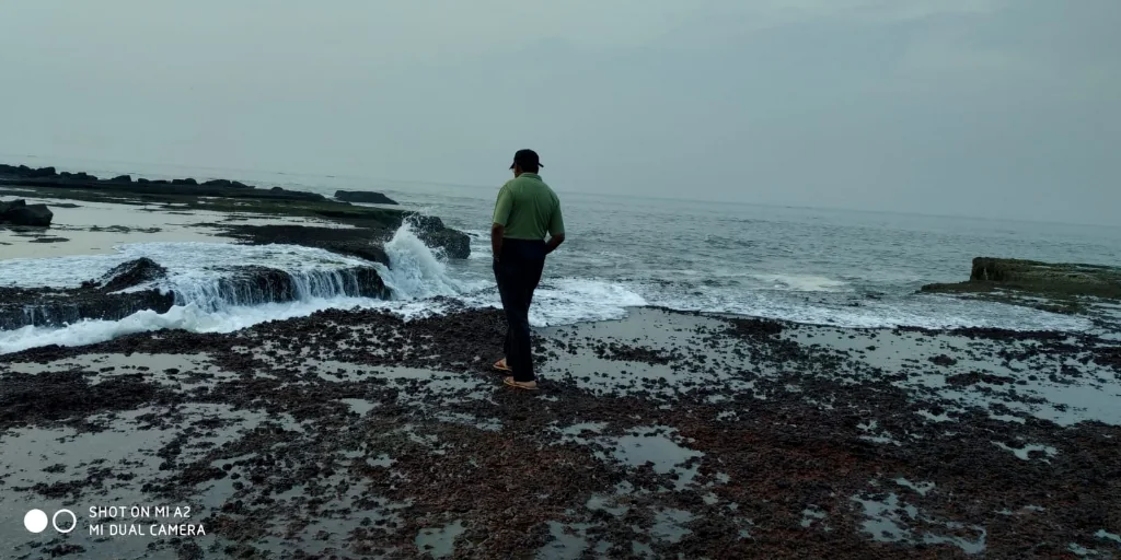 Crashing white waves against the stone sea wall in Kannur