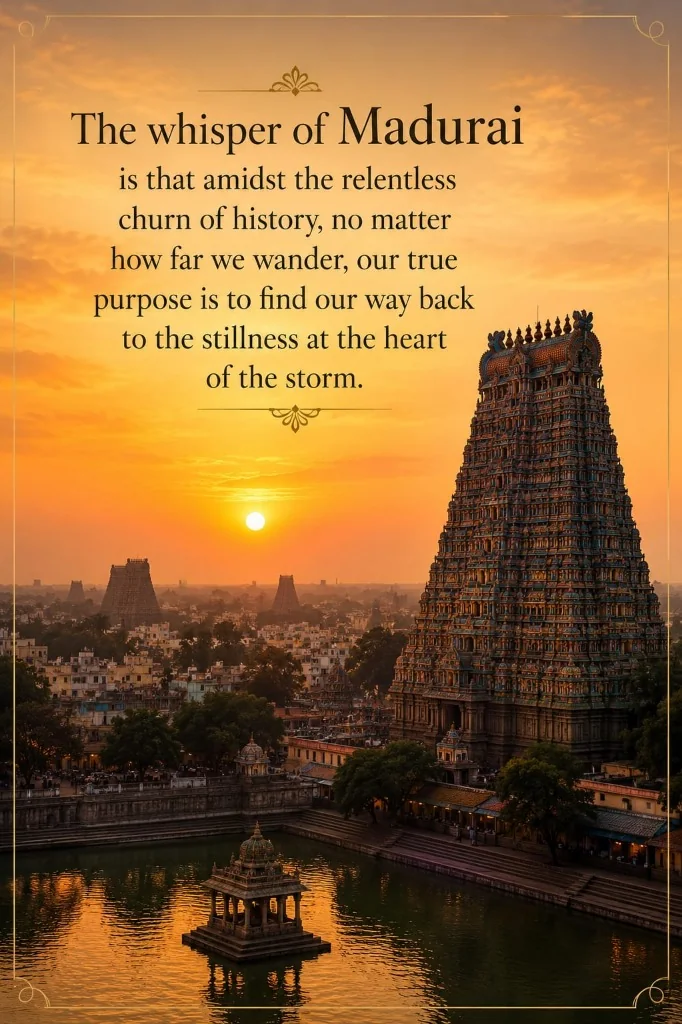 The Whisper of Madurai — Quote card with Meenakshi Temple sunset reflection